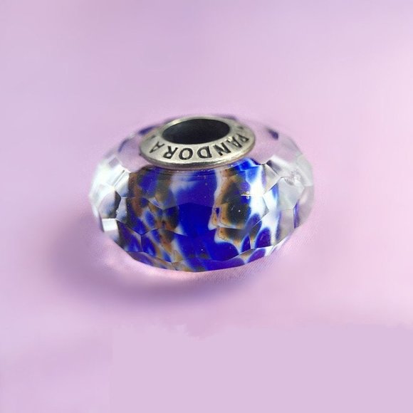 PANDORA Silver Deep Ocean Sea Glass Blue Murano Faceted Charm - Picture 2 of 3